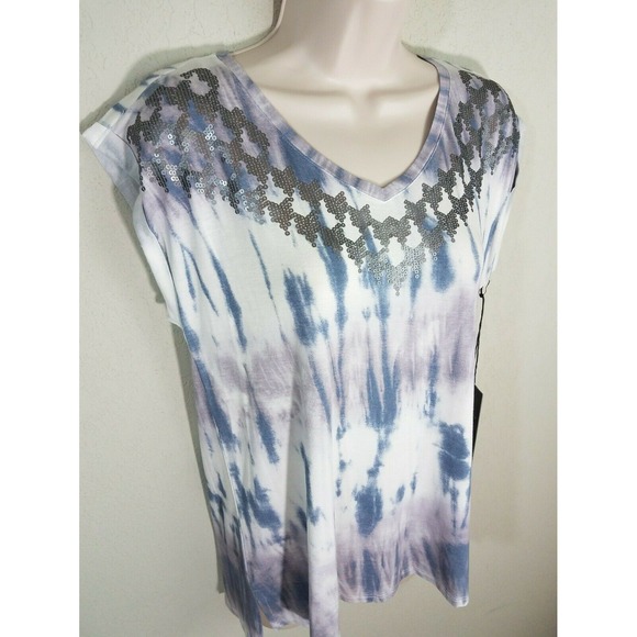 Womens Rock & Republic Sequin Tie Dye Tee Blue Silver Lilac Cap Sleeve Sz M NWT - Picture 3 of 5